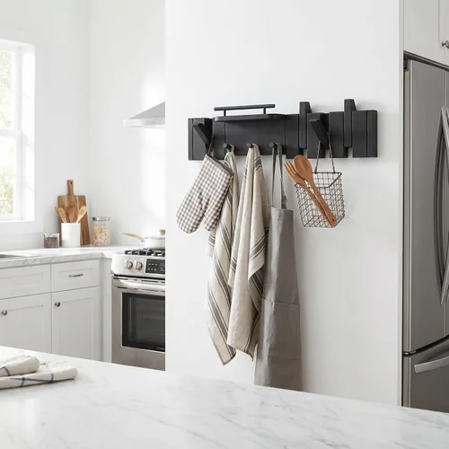 Vista 4 de Gancho plegable de nogal moderno de mediados de siglo con estante, ganchos de madera resistentes para toallas ocultos para baño, estante de pared