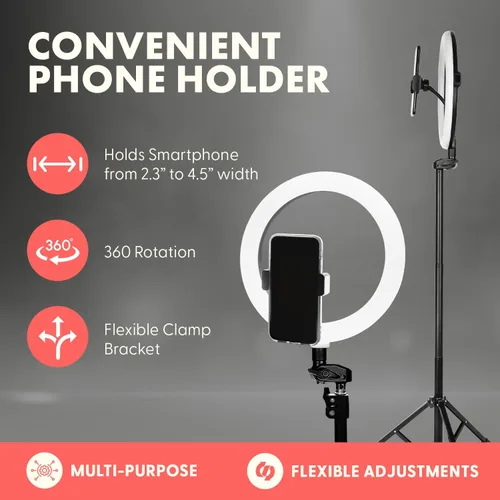 Vista 4 de SQUATZ Anillo de luz LED de 11 pulgadas para selfie de 12 W con control por cable, 3 modos de color, 10 niveles de brillo, soporte de trípode con 6
