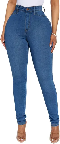 Vista 24 de KUNMI - Pantalones de mezclilla clásicos de cintura alta para mujer, elásticos, con efecto de levantamiento de glúteos, ajustados