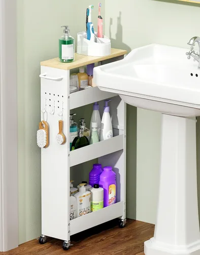 Vista 9 de OKZEST Carrito de almacenamiento delgado de 4 niveles, organizador de baño y carrito de almacenamiento, estante de organización de cocina