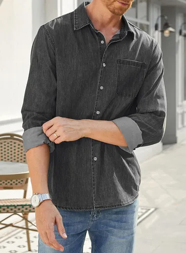 Vista 9 de JMIERR Mens Denim Shirts Casual 100% Cotton Long Sleeve Button Down Shirt
