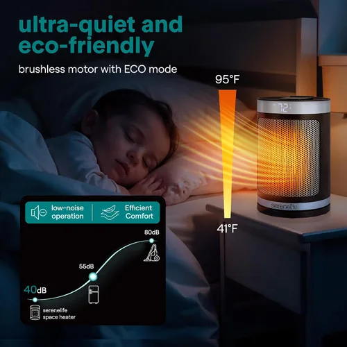 Vista 5 de SereneLife Calentador de espacio inteligente: calentador eléctrico para interiores de 1500 W con termostato, control remoto, temporizador de 12