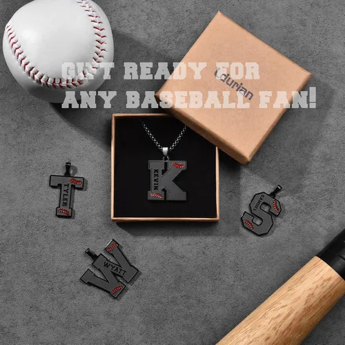 Vista 7 de Ldurian Collar personalizado con nombre de béisbol, cadena negra de acero inoxidable, collar con nombre deportivo, letra A-Z de 24 pulgadas, regalos