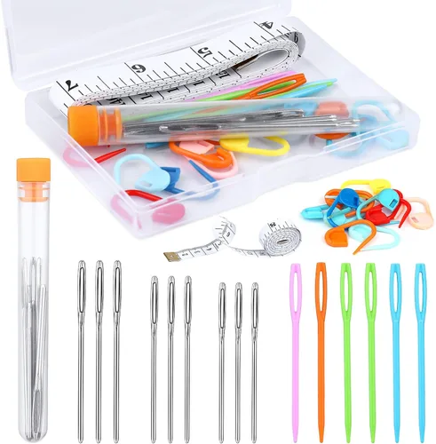 Vista 9 de JUPEAN Accesorios completos para tejer, kit de suministros para tejer con marcadores de puntada, agujas de coser de plástico, agujas de cable