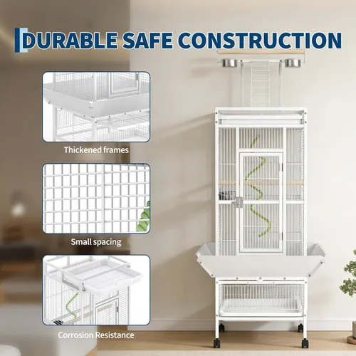 Vista 9 de Jaula grande para pájaros de 60 pulgadas de alto, jaula para periquitos de interior con reproductor, percha de cuerda para pájaros, jaula de pájaros