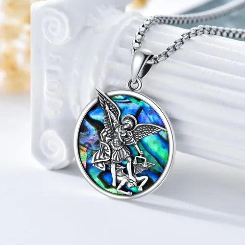 Vista 2 de Shusukue Collar con colgante de plata de ley 925 con concha de abulón medalla redonda de San Miguel Jude Antonio Pedro para hombres mujeres niños