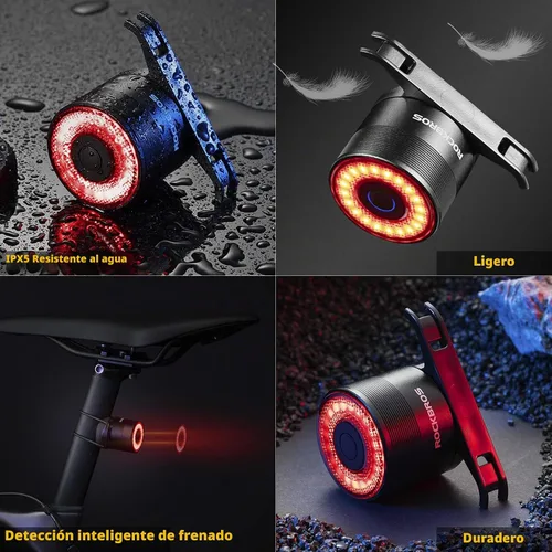 Vista 3 de ROCKBROS Luz trasera para bicicleta recargable con sensor de encendido automático IPX6 impermeable