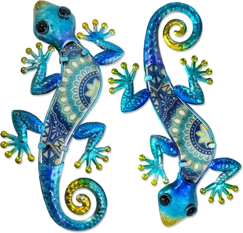 Vista 13 de HONGLAND Arte de pared de Gecko de metal, 2 unidades de lagarto de 15 pulgadas, decoración para exteriores, escultura de vidrio colgante, decoración