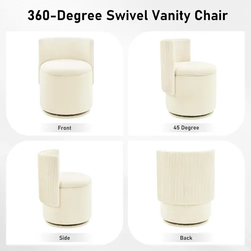 Vista 8 de Furniliving Silla de tocador de terciopelo con almacenamiento, silla giratoria de 360° con respaldo ondulado, moderno taburete de tocador de barril