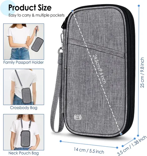 Vista 5 de BKNOOU Soporte para pasaporte familiar, organizador de documentos de viaje con correa cruzada para muñeca, cartera impermeable para pasaporte