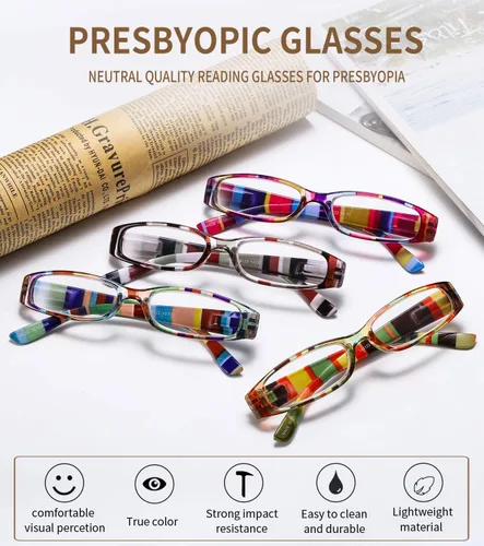 Vista 2 de Gafas de lectura, 4 pares de lentes de lectura de moda para mujer, bisagra de resorte con estampado estampado, lentes multicolor para mujer, +1.25
