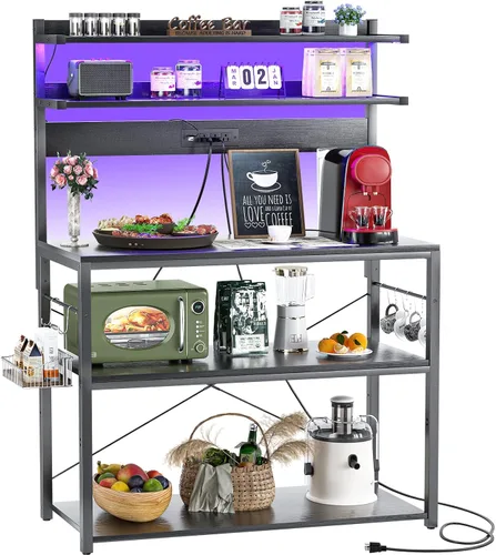 Vista 12 de Aheaplus - Estantería de cocina con toma de corriente, soporte para microondas, estación de café de 5 niveles con luces LED, estante