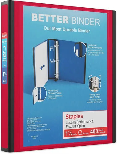 Vista 45 de Carpeta con anillos en forma de "D" de 1 pulgada para mejor visualización Staples, Negro