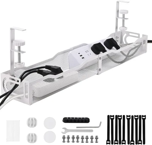 Vista 10 de Bandeja de Gestión de Cables para Debajo del Escritorio Pequeña – Organizador de Cables con Soporte de Abrazadera y Gestión de Cables para Debajo