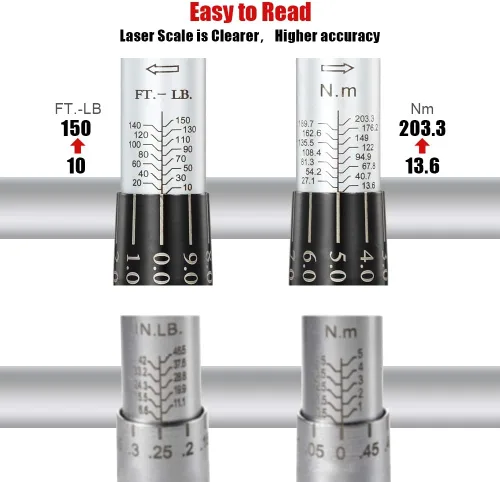 Vista 2 de Llave dinamométrica de clic de 1/2 pulgada (10-150 pies-libras/13.6-203.3 Nm) Juego de llave de torque ajustable de doble dirección