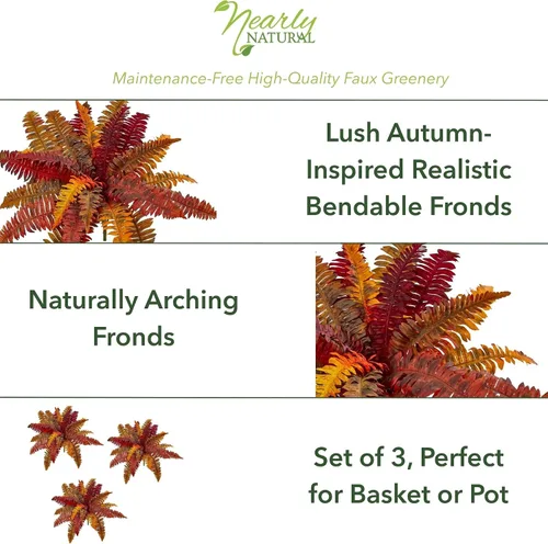 Vista 3 de Nearly Natural 20" Autumn Boston Fern Artificial (juego de 3) plantas de seda naranja