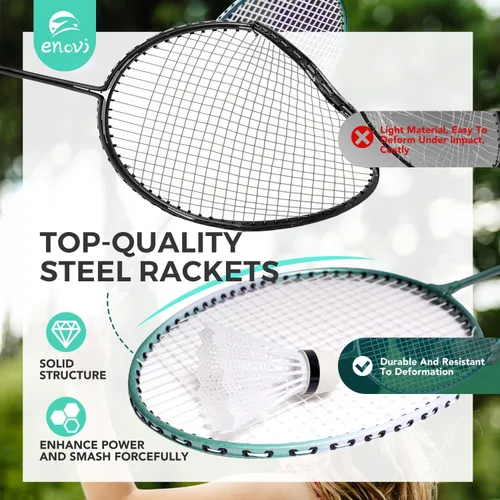 Vista 4 de Juego de bádminton ENOVI EasyGo, con red, 4 raquetas, 4 volantes, caja de almacenamiento portátil, para patios, juegos de exterior, juegos de jardín