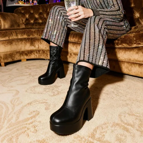 Vista 5 de DREAM PAIRS Botines Gogo de plataforma para mujer, tacón alto y grueso, punta cuadrada, botines
