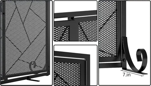 Vista 8 de Fire Beauty Pantalla de chimenea con puertas con bisagras Borde de hierro fundido, marco de acero resistente, malla metálica duradera, protector