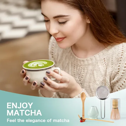 Vista 8 de Juego de batidor de matcha: juego de matcha con batidor de matcha de bambú y soporte de cerámica, cuchara de bambú+cuchara de madera, soporte