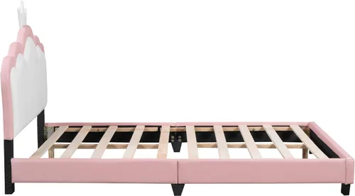 Vista 6 de Cama de princesa rosa con cabecera corona, cama de plataforma tamaño matrimonial, tapizada, no necesita somier