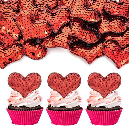 Vista 21 de 24 piezas de decoración de cupcakes con purpurina dorada para el día de San Valentín, temática de San Valentín, fiesta de cumpleaños, suministros