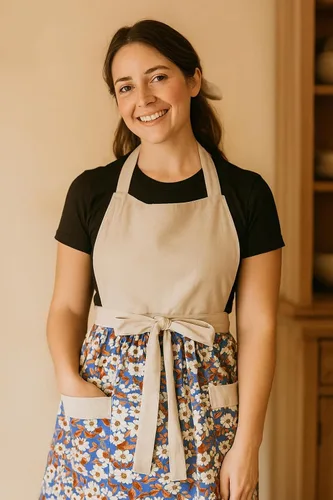 Vista 4 de Bonitos delantales florales para mujer con bolsillos, delantal de algodón ajustable con correa para el cuello para cocina, cocina, hornear