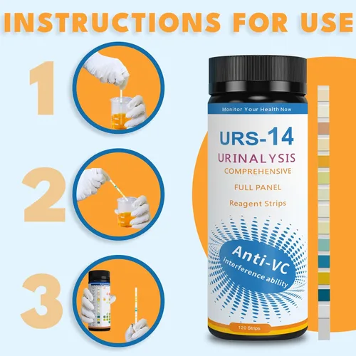Vista 5 de 14 tiras de prueba URS para análisis de orina y detección de leucocitos y nitritos (UTI) - para uso de venta libre Leucocitos y nitritos
