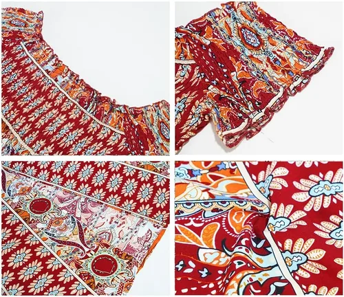 Vista 4 de KAYWIDE Vestidos casuales de manga larga con cuello redondo, vestido fruncido bohemio, estampado floral, vestido midi escalonado