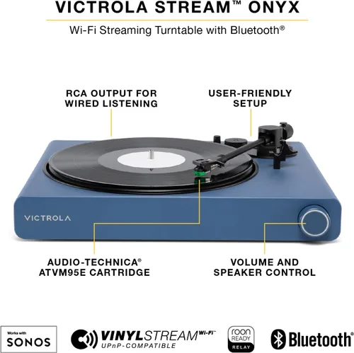 Vista 2 de Victrola Stream Onyx - Tocadiscos con transmisión Wi-Fi de 2 velocidades con salida Bluetooth, funciona con Sonos y Victrola Tempo – Altavoces