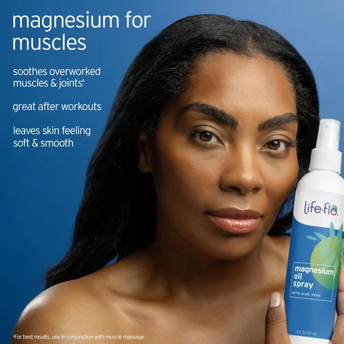 Vista 4 de LIFE-FLO Spray de aceite de magnesio con aloe vera orgánico, cloruro de magnesio en aerosol del fondo marino de Zechstein, calma y relaja músculos