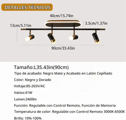 Vista 2 de Jaycomey Lámpara LED de 4 luces con control remoto, focos de luz de techo regulables de 41 W, ajustable de 3000 K-6500 K, moderna lámpara de techo