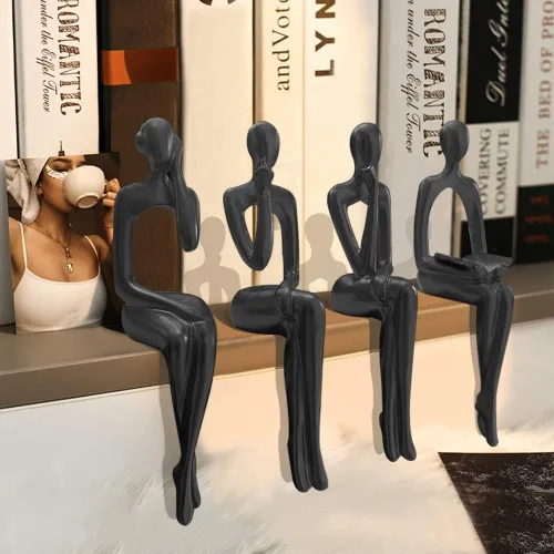 Vista 2 de Estatua de pensador de decoración de acento negro, estatuas para decoración del hogar, abstracto, sentado, pensador, escultura de escritorio