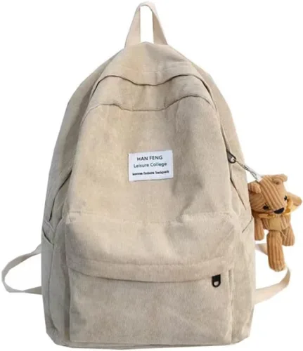 Vista 5 de YUESUO Mochila grande de pana Kawaii con bonito colgante de oso, bolsa vintage para niñas, estudiantes, mochila escolar, mochila para libros, Beige