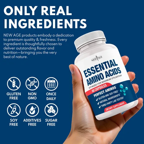 Vista 6 de NEW AGE Complejo de aminoácidos – 20 aminoácidos con BCAA, L-glutamina, L-arginina y ácido hialurónico – Apoya la recuperación, energía, salud
