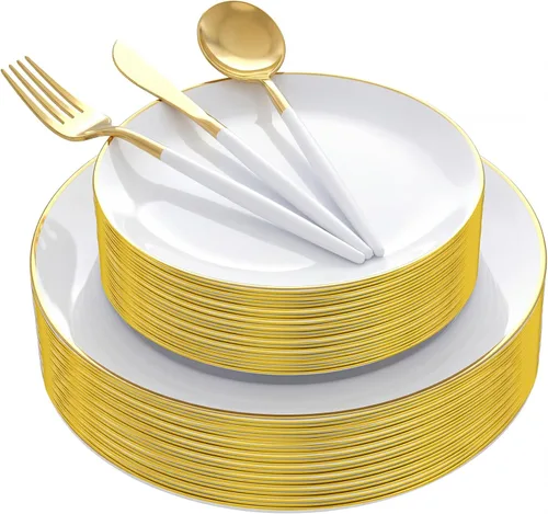 Vista 10 de 150 piezas de platos de plástico negros, platos negros y dorados, cubiertos de plástico dorados, juego de vajilla negro y dorado, vajilla de calidad