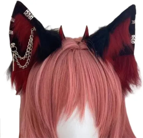 Vista 13 de VIGVAN Orejas de zorro de lobo hechas a mano Animal Cosplay Cute Head Accesorios para Halloween (negro)
