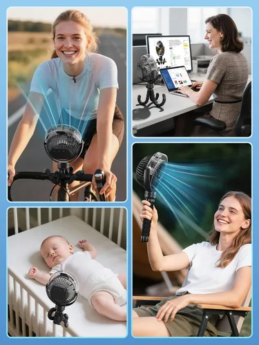 Vista 7 de Ventilador de cochecito nebulizador, ventilador portátil con batería de 6000 mAh con luz y giro de 360°, ventiladores personales con trípode