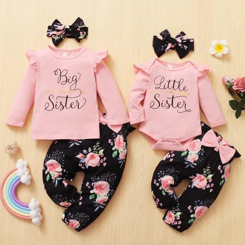 Vista 4 de AMAWMW Trajes a juego para hermana mayor, para hermana pequeña, ropa para niña pequeña, recién nacida, con volantes, pantalones florales, diadema, 3