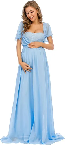Vista 2 de ZIUMUDY Vestido de gasa de maternidad con hombros descubiertos para sesión de fotos, maxi vestido de encaje para baby shower, vestido de fiesta