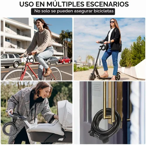 Vista 7 de Candado para bicicleta, 1.19 metros, combinación de 4 dígitos reseteable, contraseña, candado de cable antirrobo, lindos candados para bicicleta
