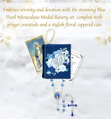 Vista 2 de Medalla milagrosa con tarjeta de oración de medalla milagrosa, estuche de rosario floral con cremallera, tarjeta de oración del Señor Rosario