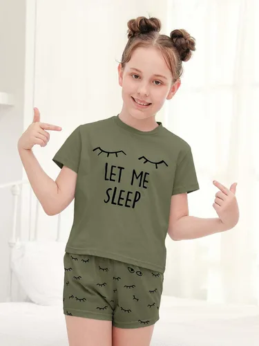 Vista 3 de Kingdenergy Conjunto de 2 piezas de camiseta y pantalón corto para niñas Verde militar
