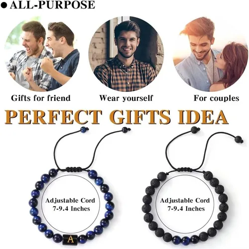 Vista 7 de Pulseras de cuentas con iniciales para hombres, regalos de 0.315 in, ojo de tigre, piedra de lava y roca para hombre, pulsera de cuentas de yoga