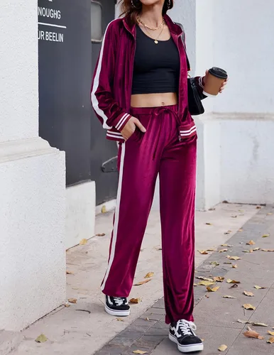 Vista 2 de Ekouaer Conjunto deportivo de terciopelo de terciopelo para mujer, 2 piezas, sudadera con cremallera y pantalones deportivos con bolsillos, tallas
