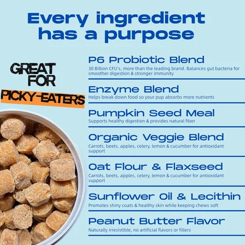 Vista 3 de Probióticos para perros – Salud intestinal de Happy Dog Masticables suaves probióticos orgánicos veganos con prebióticos para la digestión