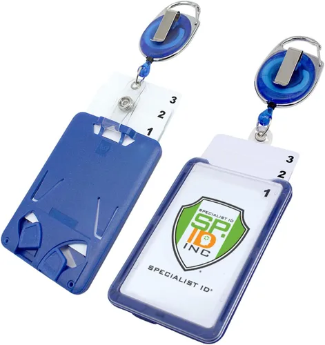 Vista 14 de Portatarjetas de tres tarjetas de plástico rígido con carrete retráctil - Cordón retráctil con clip para cinturón y mosquetón - Soporte vertical