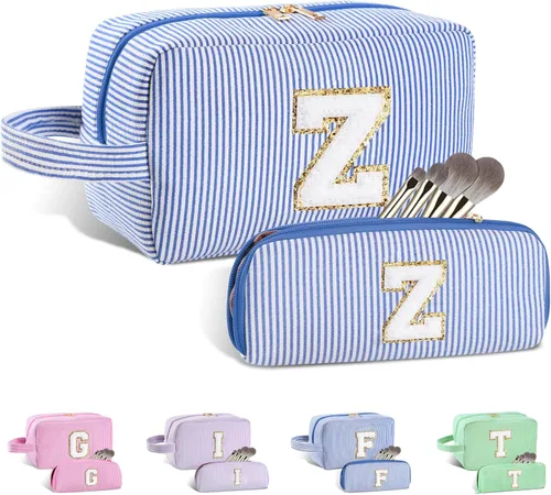 Vista 40 de Bolsa de maquillaje personalizada con inicial A-Z para mujeres, niñas y niños, bolsa de aseo de viaje, bolsa de maquillaje preparada, bolsa