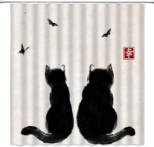 Vista 6 de Juego de 4 cortinas de ducha asiáticas japonesas para baño, gato asiático, divertido, retro, chino, tradicional, pintura de tinta, arte de mariposa