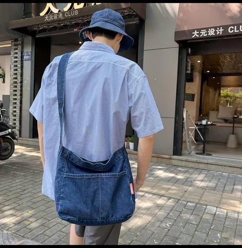 Vista 6 de Bolso cruzado de mezclilla unisex estilo bohemio retro bolso de mensajero bolso de viaje bolso grande bolso holgado Azul Marino talla única Retro